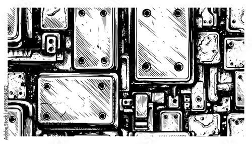 Detailed hand drawn futuristic mechanical paneling with metallic plates and industrial details in woodcut style