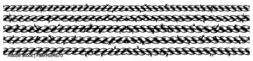 Hand drawn collection of horizontal twisted rope borders with frayed fiber details in woodcut style