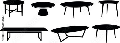 Set of Mid Century Modern Coffee Table Silhouettes Isolated on White Background for Interior Design Furniture Catalog and Graphic Elements