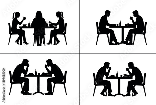 Set of Silhouettes Showing People Dining in Restaurant Including Three Women Eating Together and Various Couples Having Dinner at Tables