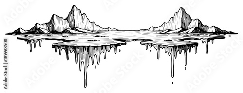 Surreal fantasy landscape with jagged mountains on a dripping floating land mass in hand drawn ink style