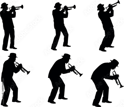 Silhouette of a jazz musician playing trumpet in various expressive poses and angles for music performance and entertainment design elements