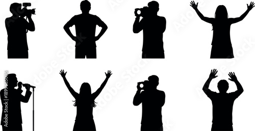 Silhouette collection of professional photographers with cameras singers with microphones and diverse people celebrating with raised arms for creative media projects
