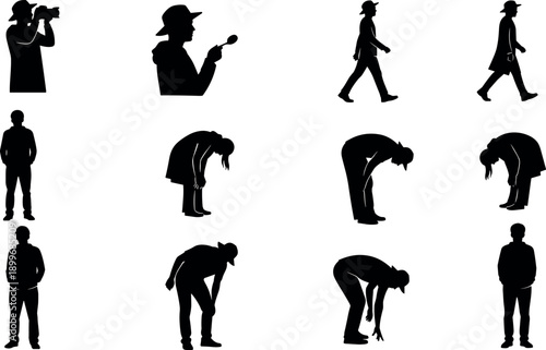 Silhouette of man in hat set performing various activities including taking photos tasting food walking standing and bending over white background