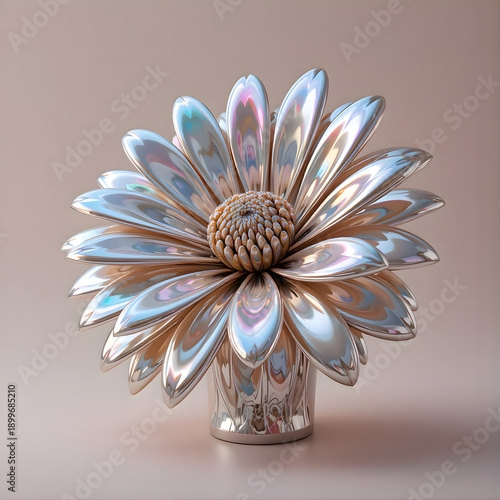 Luxury Metallic Daisy Flower Sculpture with Iridescent Chrome Petals, Futuristic 3D Render