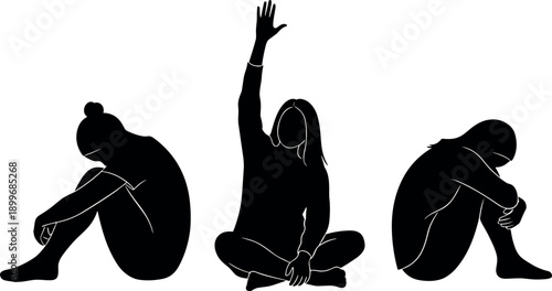 Silhouette of Women Sitting in Sadness and Despair with One Person Raising Hand Seeking Help for Mental Health and Support