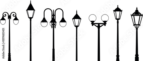 Vintage Street Lamp Silhouettes Set Featuring Antique Victorian Lanterns and Classic Outdoor Garden Light Poles for Urban City Landscape Vector Illustration