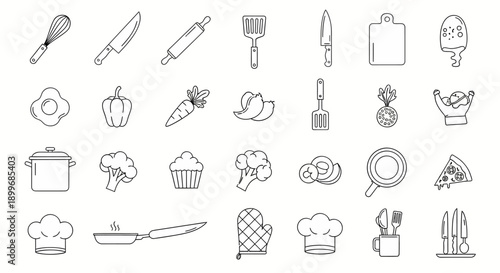 A collection of kitchen utensils and food items illustrated in a minimalist line art style.