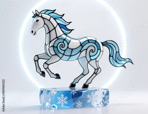 A crystal sculpture of a horse on a pedestal made of ice and snowflakes. Stained glass style.