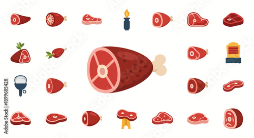 a collection of raw meat cuts and a barbecue tool on white