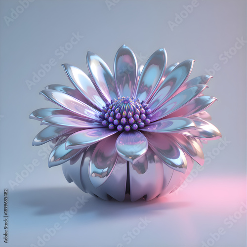 Surreal Chrome Daisy Sculpture with Iridescent Reflections, Polished Metallic Petals, Ultra Detailed 3D Illustration
