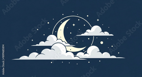 Crescent Moon with Clouds and Stars on Dark Blue Background, Night Sky Illustration