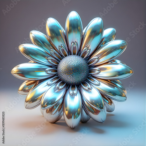 Abstract Metallic Daisy Flower with Blue Chrome Petals and Luxury 3D Design