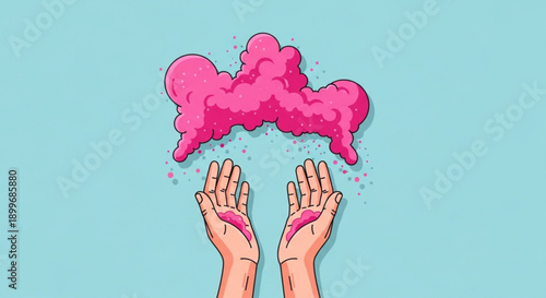 Hands Holding Pink Powder Cloud on Blue Background