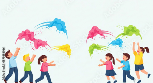 Children Playing with Colorful Powder Paint on White Background