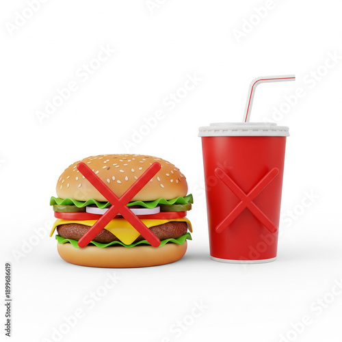 burger and cup crossed out, semi-realistic 3D style, isolated white background