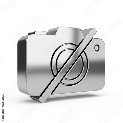 camera icon with diagonal slash, metallic 3D effect, isolated on white background