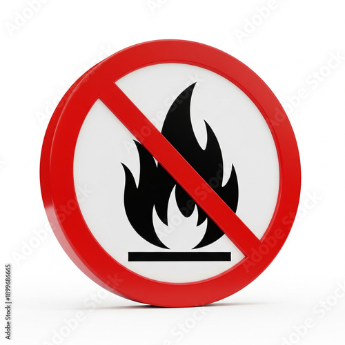  flame icon crossed out, bold 3D safety sign, isolated on white background