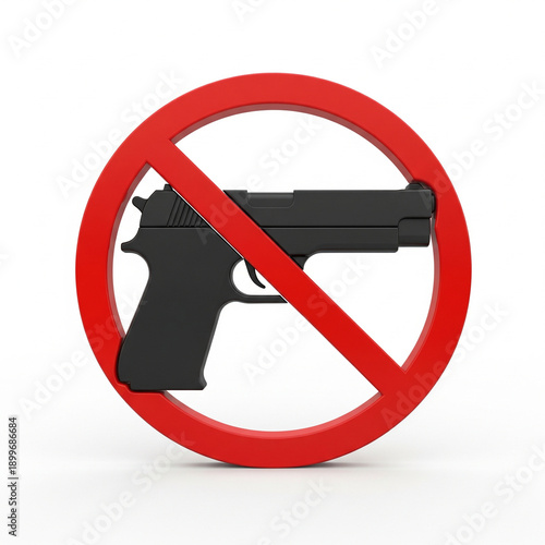 gun silhouette crossed out, solid 3D safety symbol, isolated white background