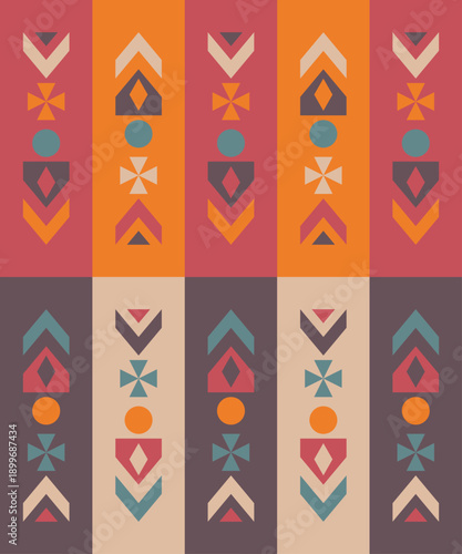 Ethnic Folk Pattern Background with Traditional Geometric Tribal Motifs and Warm Earthy Tones. Illustration art. Vector