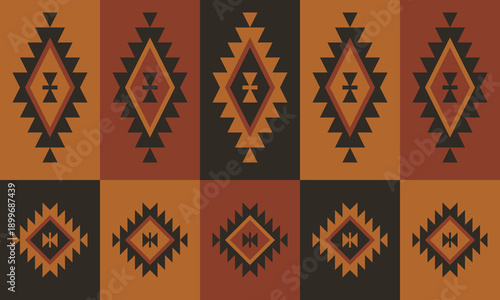 Ethnic Folk Pattern Background with Traditional Geometric Tribal Motifs and Warm Earthy Tones. Illustration art. Vector