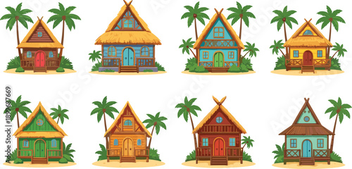 Tropical island huts collection, colorful wooden beach houses with palm trees, seaside resort cabins, summer vacation paradise, cartoon vector illustration