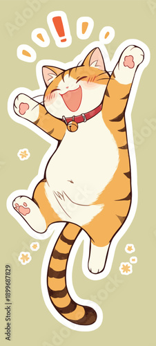 A cat is lifting its paws in joy and smiling widely. The scene shows a simple background with bright colors that adds to the cheerful feeling of the moment.