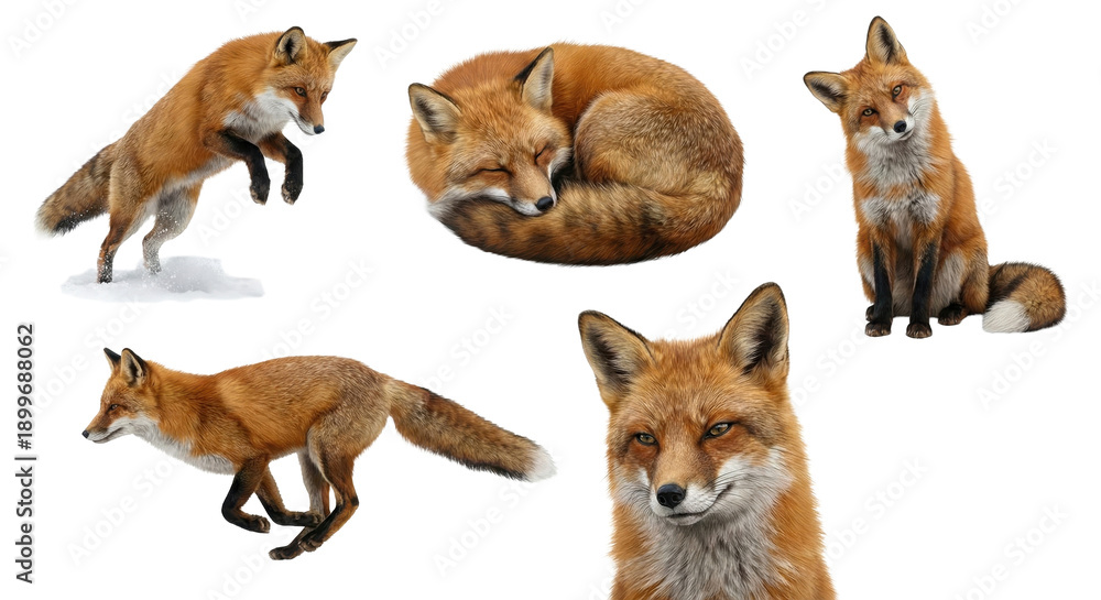 Naklejka premium Red Fox Animal Character Set in Different Poses Isolated