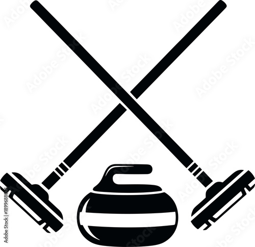 Curling Sport Vector Icon Featuring Crossed Brooms and Stone Illustration for Winter Games Logo Design Graphic Element on White Background
