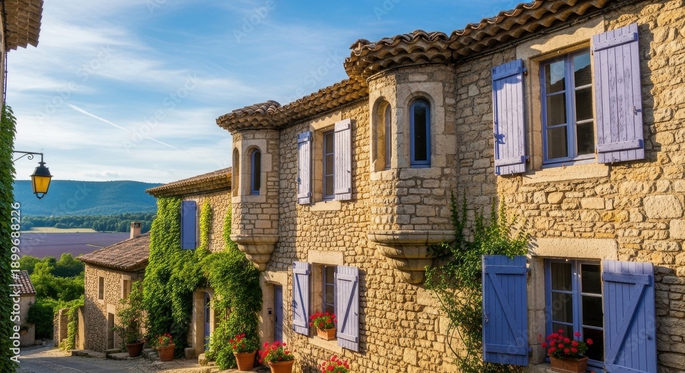 Fototapeta premium Charming Stone Buildings with Lavender Shutters in Provence, France.