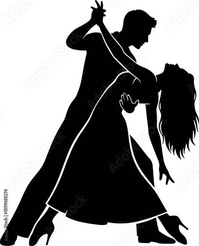 Elegant Black Silhouette Illustration of a Romantic Couple Dancing Tango or Ballroom Dance with a Dramatic Dip and Graceful Pose