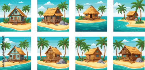 Tropical island beach huts collection, wooden bungalows with palm trees, ocean seaside resort scenes, summer vacation vector illustration set