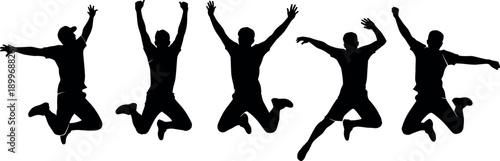 Group of energetic young men jumping in mid-air silhouette collection for success celebration freedom fitness fun and active lifestyle concepts