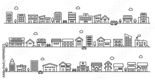 モノトーンの街並みのイラスト素材｜家と建物が並ぶ 　線画ベクター素材