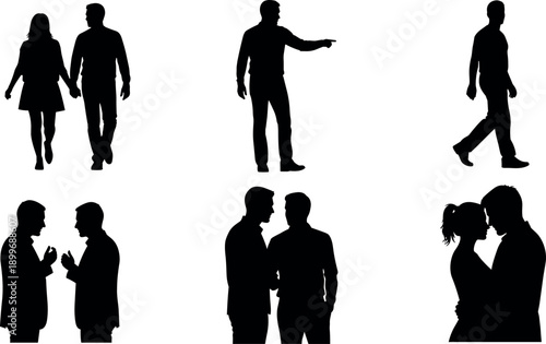 Silhouette collection of people in different lifestyle situations including couples walking holding hands pointing gesturing and businessmen talking or shaking hands