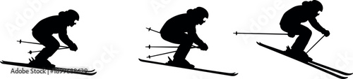 Set of three black silhouettes showing a female skier downhill racing in a tuck position on a white background vector.
