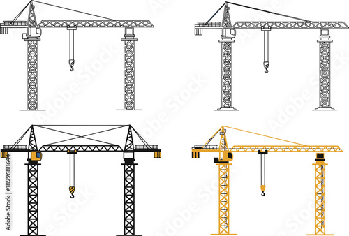 Tower crane illustration set showing construction lifting machines in outline silhouette and colored flat vector styles isolated on white background