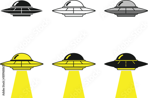UFO flying saucer illustration set with beam light, line art, silhouette, and colored styles, alien spacecraft concept for sci fi, mystery, and space designs