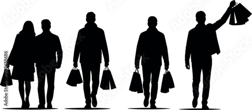 Silhouette of Diverse People and Couples Carrying Shopping Bags and Celebrating After Retail Therapy Purchase in Minimalist Black and White