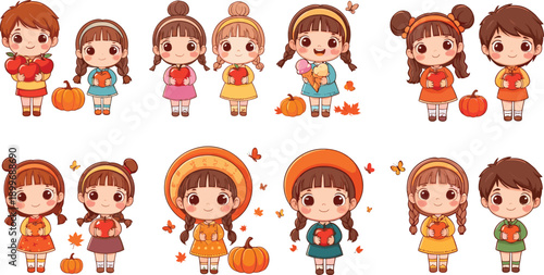 Cute autumn kids cartoon set, smiling children holding apples pumpkins and ice cream, fall season illustration, colorful nursery vector design