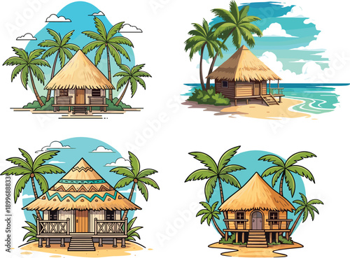 Tropical beach hut illustration, wooden island bungalow, palm trees seaside, summer vacation resort vector, exotic coastal cabin, paradise landscape design