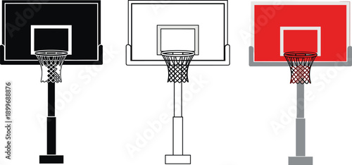 Three basketball hoops with black white and red backboards isolated on white background vector illustration for sports design branding and education