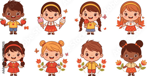 Cute autumn kids cartoon, vector children illustration, fall season clipart, smiling boys girls with leaves, apples, ice cream, nursery design