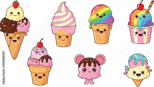 Cute kawaii ice cream cartoon, colorful dessert vector set, smiling cones and cups, sweet candy style, kids illustration, playful design