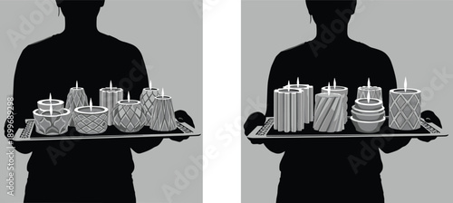 Decorative scented candle silhouettes on tray held by person isolated on gray background, luxury home decor aromatherapy illustration set