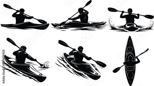 Kayaking sport silhouettes paddling on water isolated on white background, extreme adventure canoe kayaking action illustration vector set