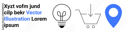 Innovation, shopping, location services, idea generation, online retail, digital navigation. Light bulb, shopping cart and location pin icons. Idea generation and shopping concepts