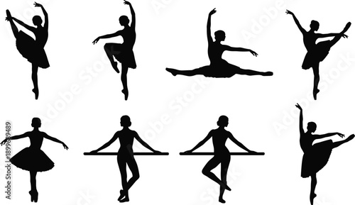 Elegant ballet dancer silhouettes performing classical poses isolated on white background, professional choreography illustration set for dance studio branding design