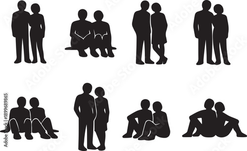Silhouette group of people sitting in progressive stages on white background minimalist concept illustration