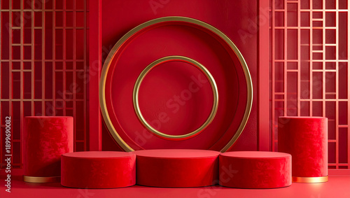 Red and Gold Chinese New Year Podium with Traditional Lattice Background